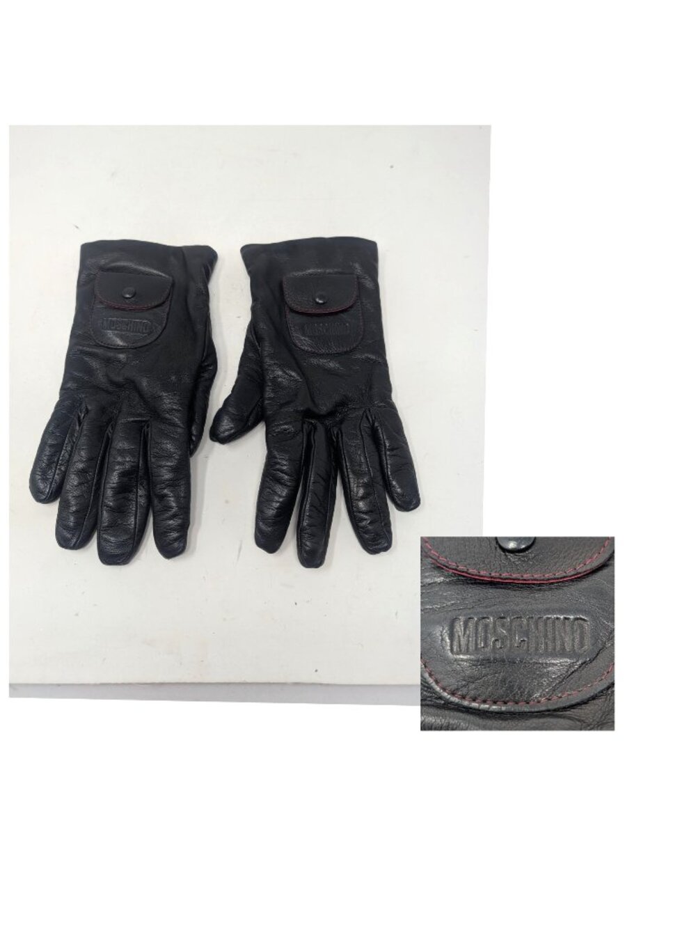 Vintage Y2K Moschino Black Leather Gloves Medium Italy Lambswool